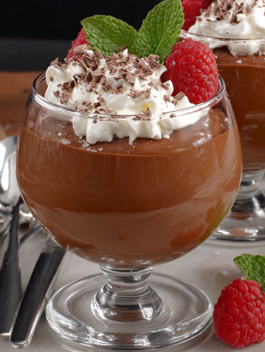 A glass of chocolate ice cream with whipped cream and a raspberry on top.