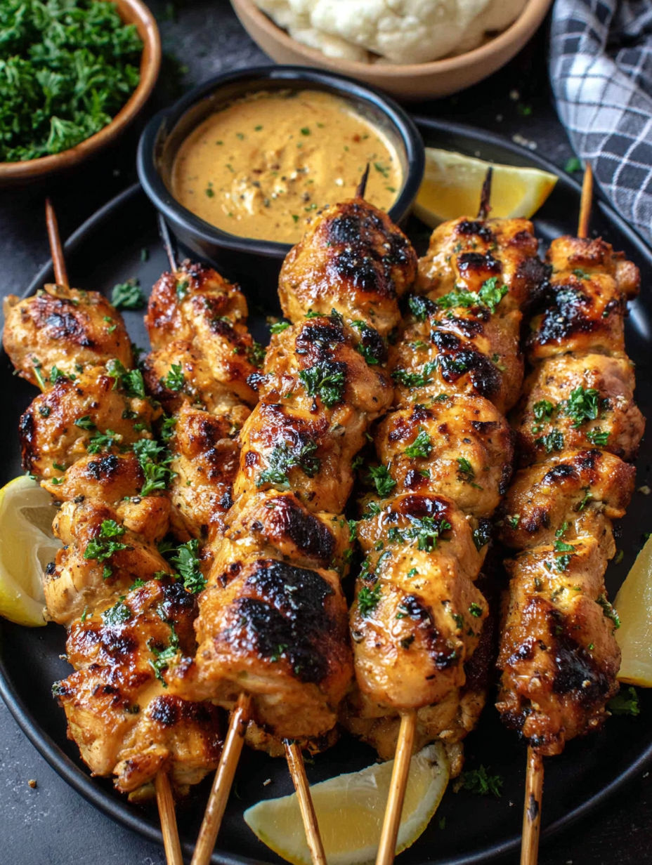 Grilled chicken skewers with a dipping sauce.