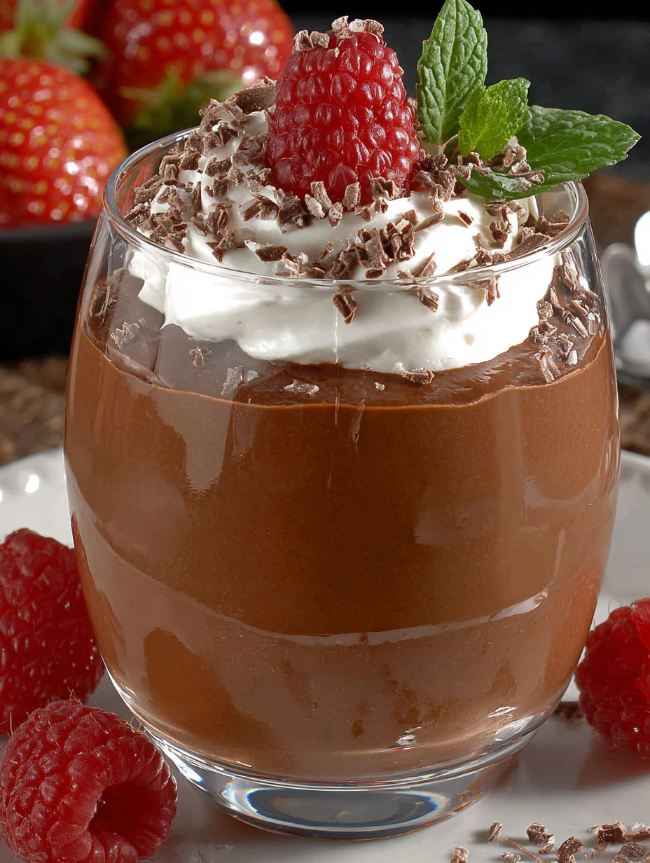 A chocolate dessert with whipped cream and a raspberry on top.