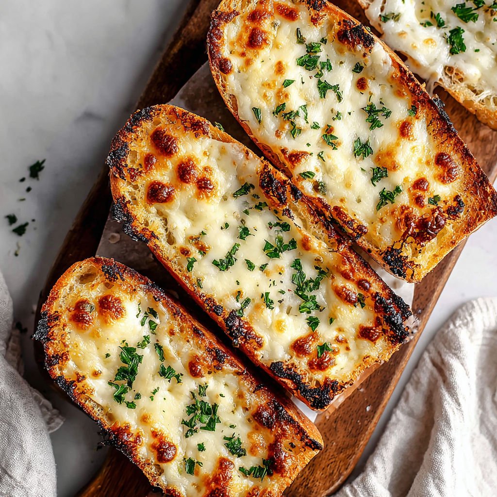 A wooden cutting board with two slices of cheesy garlic bread.