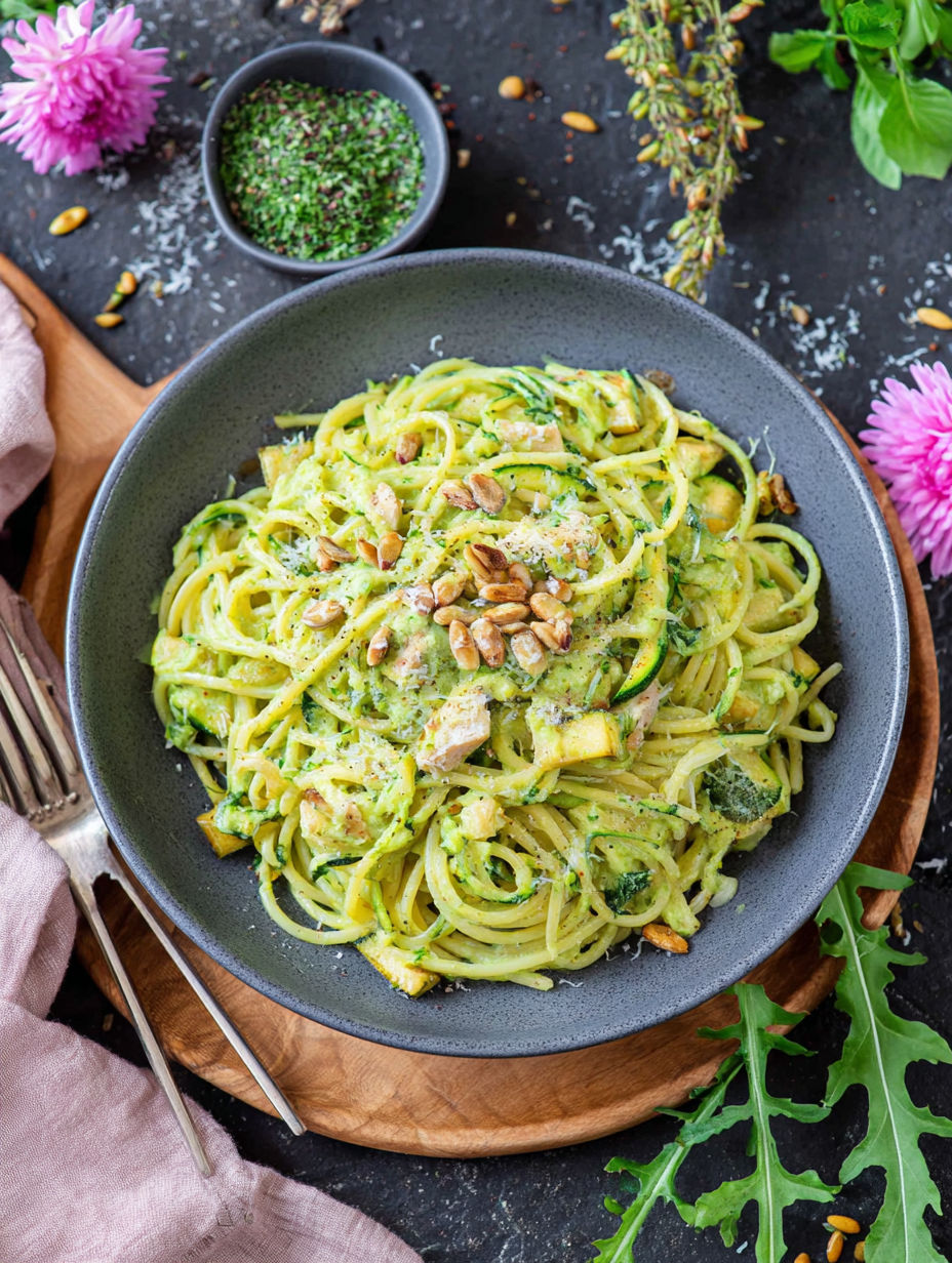 A bowl of pasta with zucchini sauce.