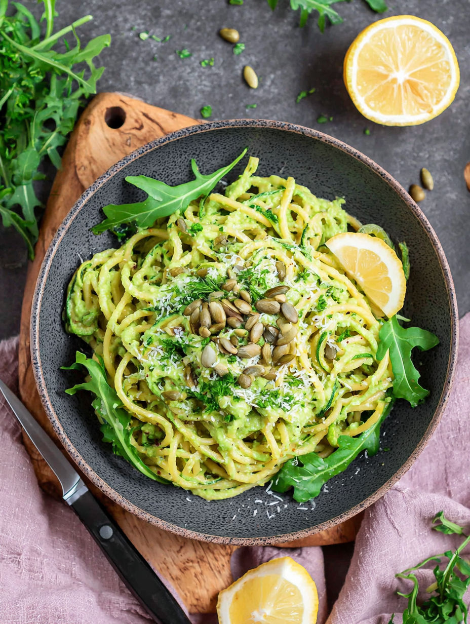 A bowl of pasta with pumpkin seeds and spinach.