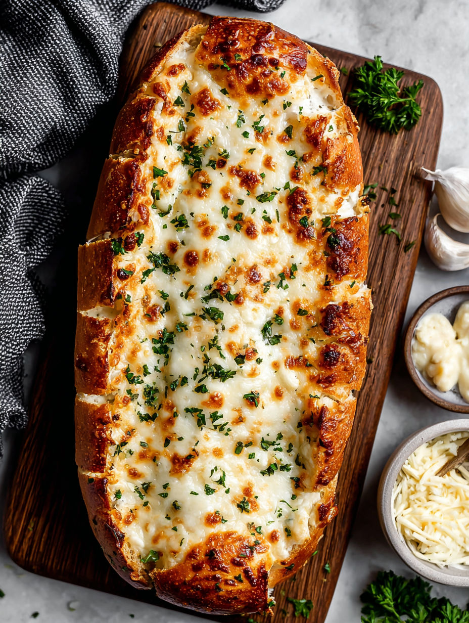 A cheesy garlic bread on a wooden board.