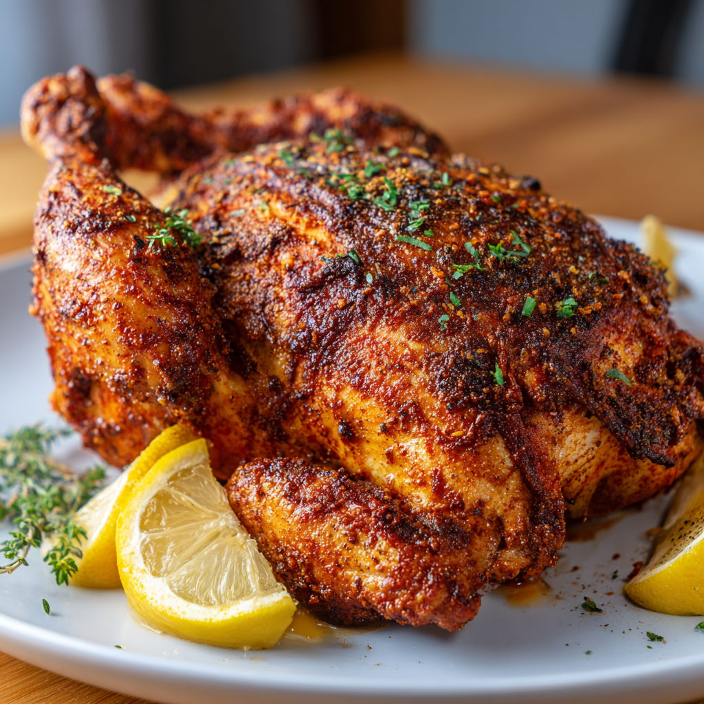 A plate of chicken with lemon and herbs.