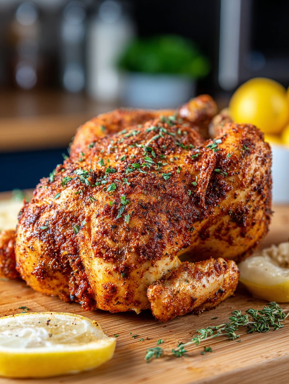 A chicken with herbs on it.