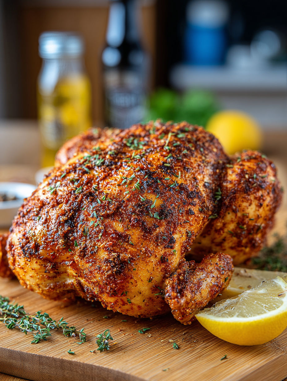 A chicken with a lemon wedge on a cutting board.