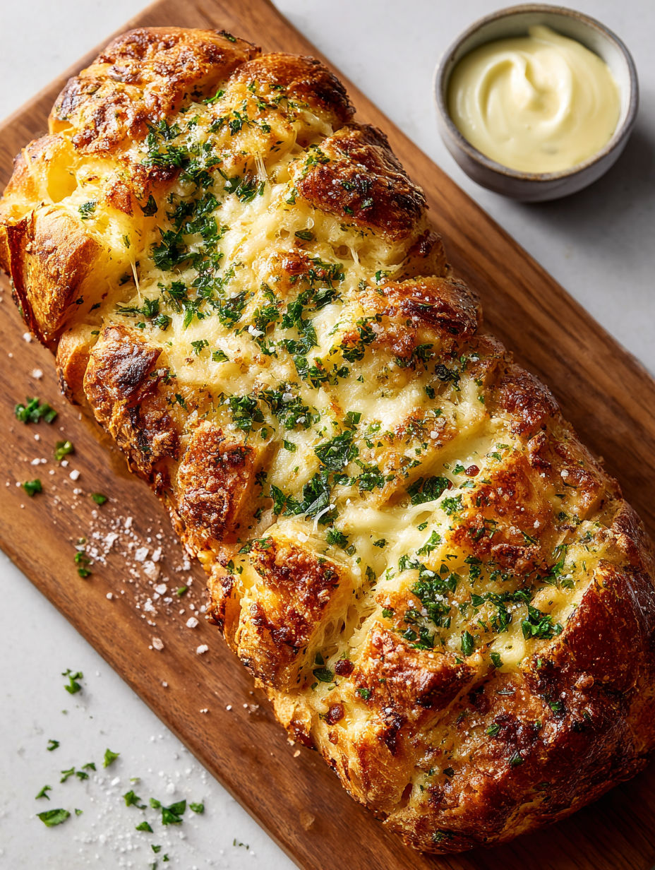 A knoblauch-käse pull apart baguette is on a wooden board.