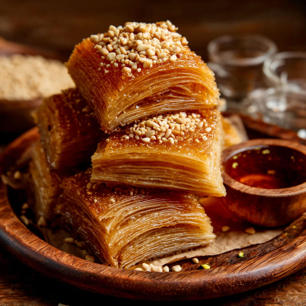 A stack of pastry with nuts on top.