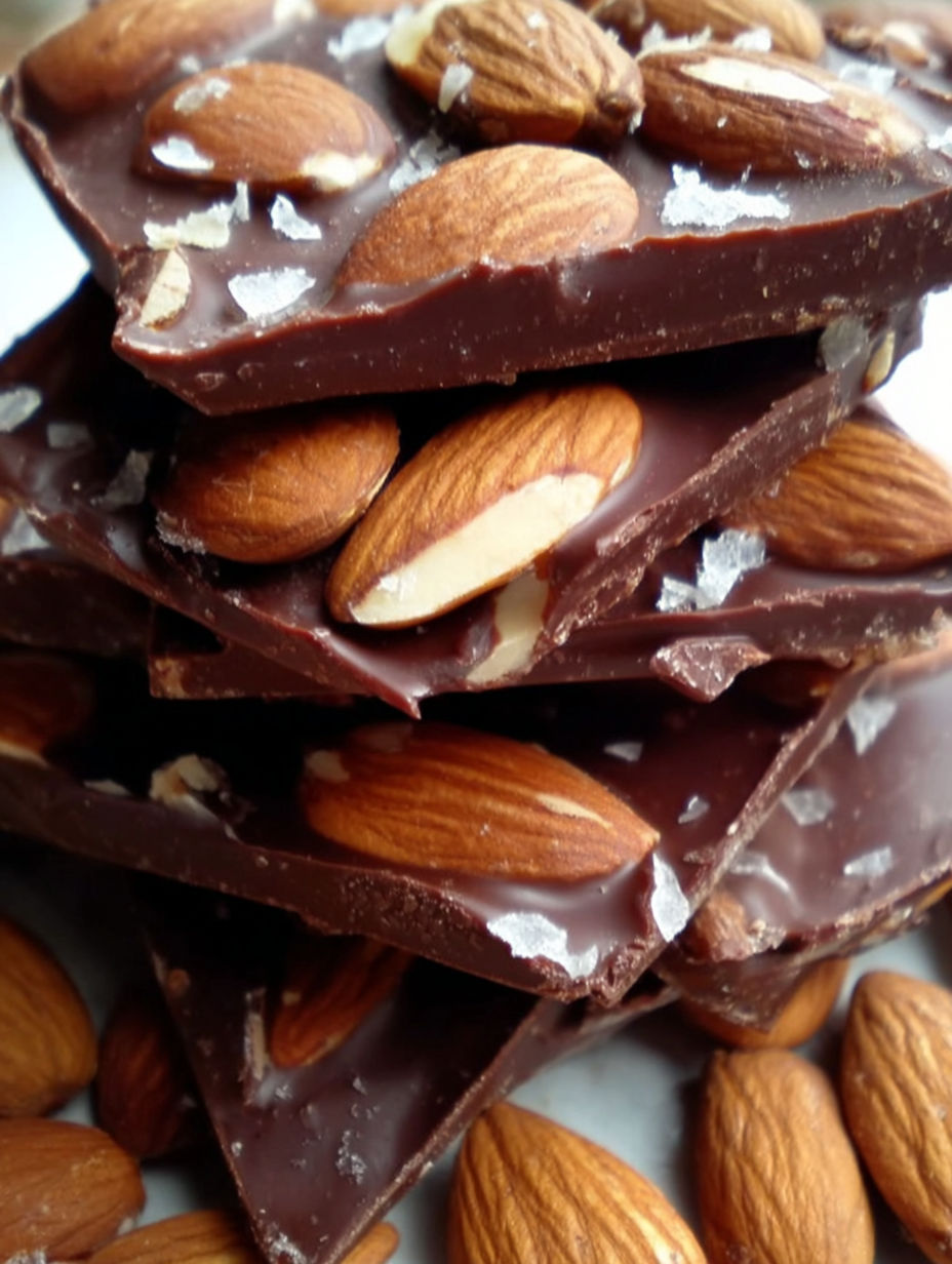 A stack of dark chocolate almond bark.