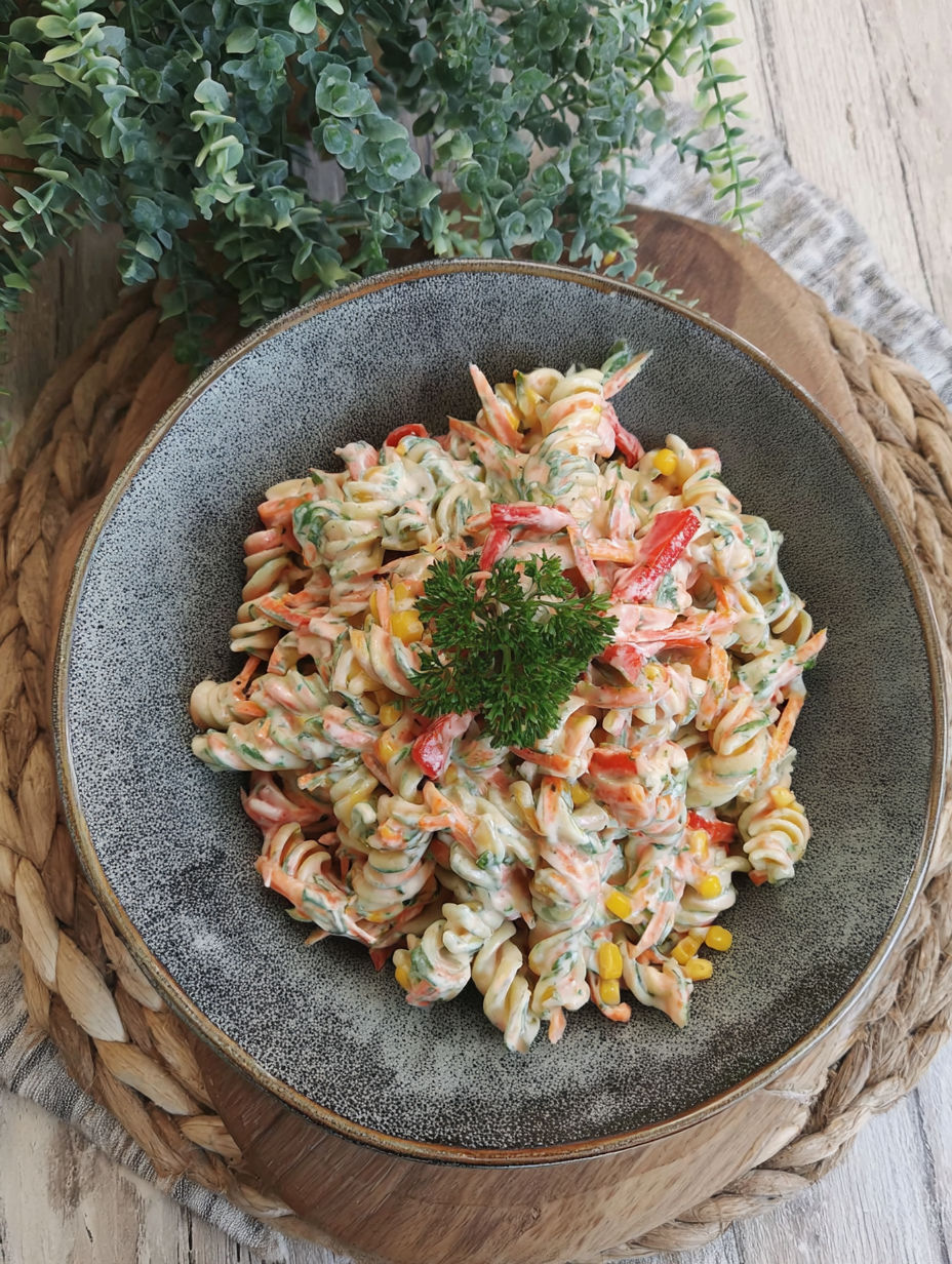A bowl of pasta with vegetables.