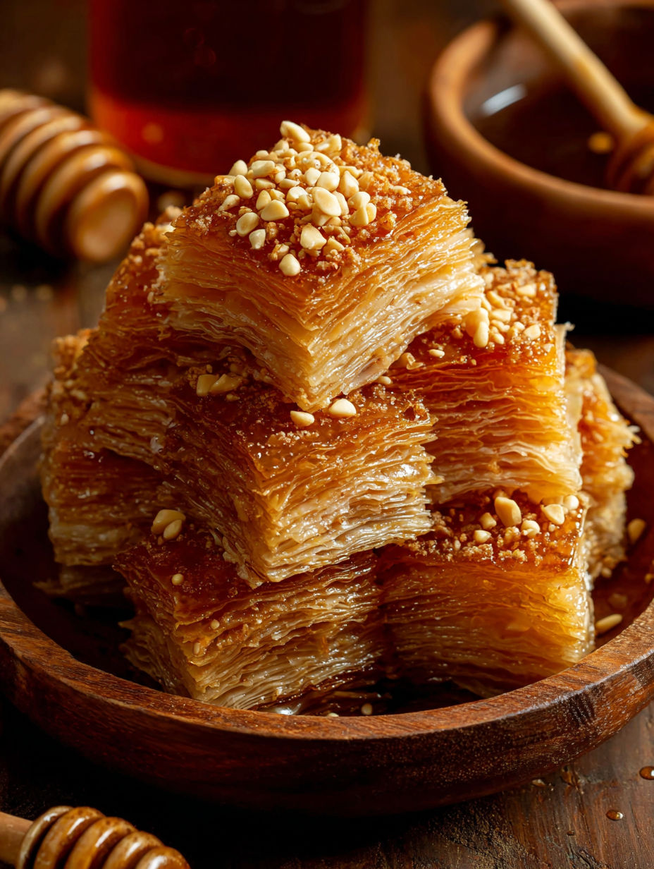A stack of pastry with nuts on top.