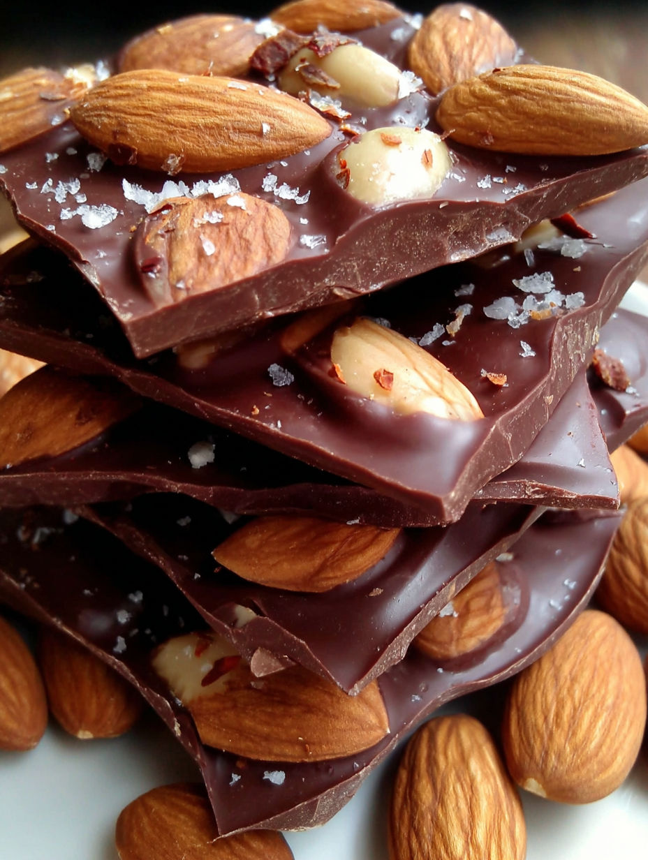 A stack of dark chocolate almond bark.