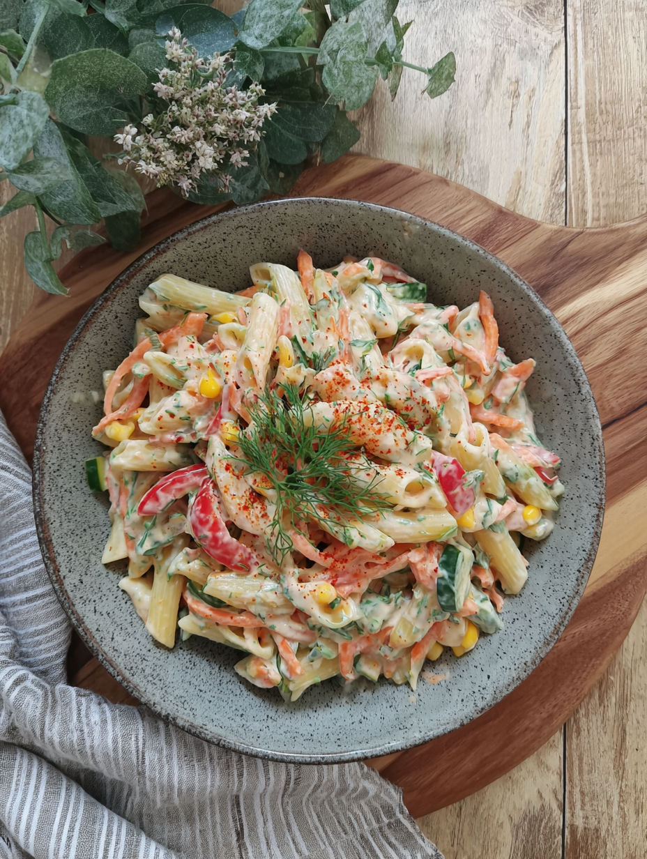 A bowl of pasta with vegetables.