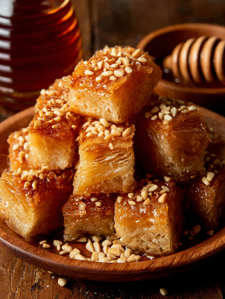 A stack of pastry with sesame seeds on top.