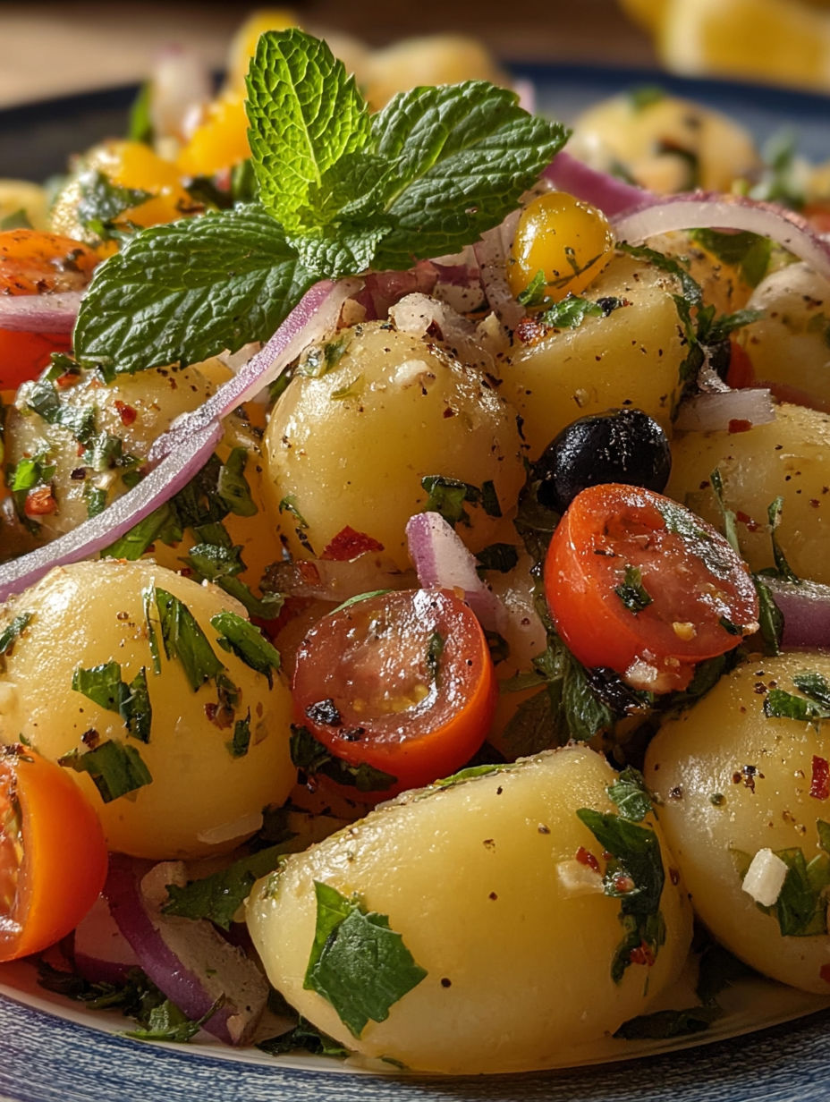 A close up of a plate of food with tomatoes, potatoes, and mints.
