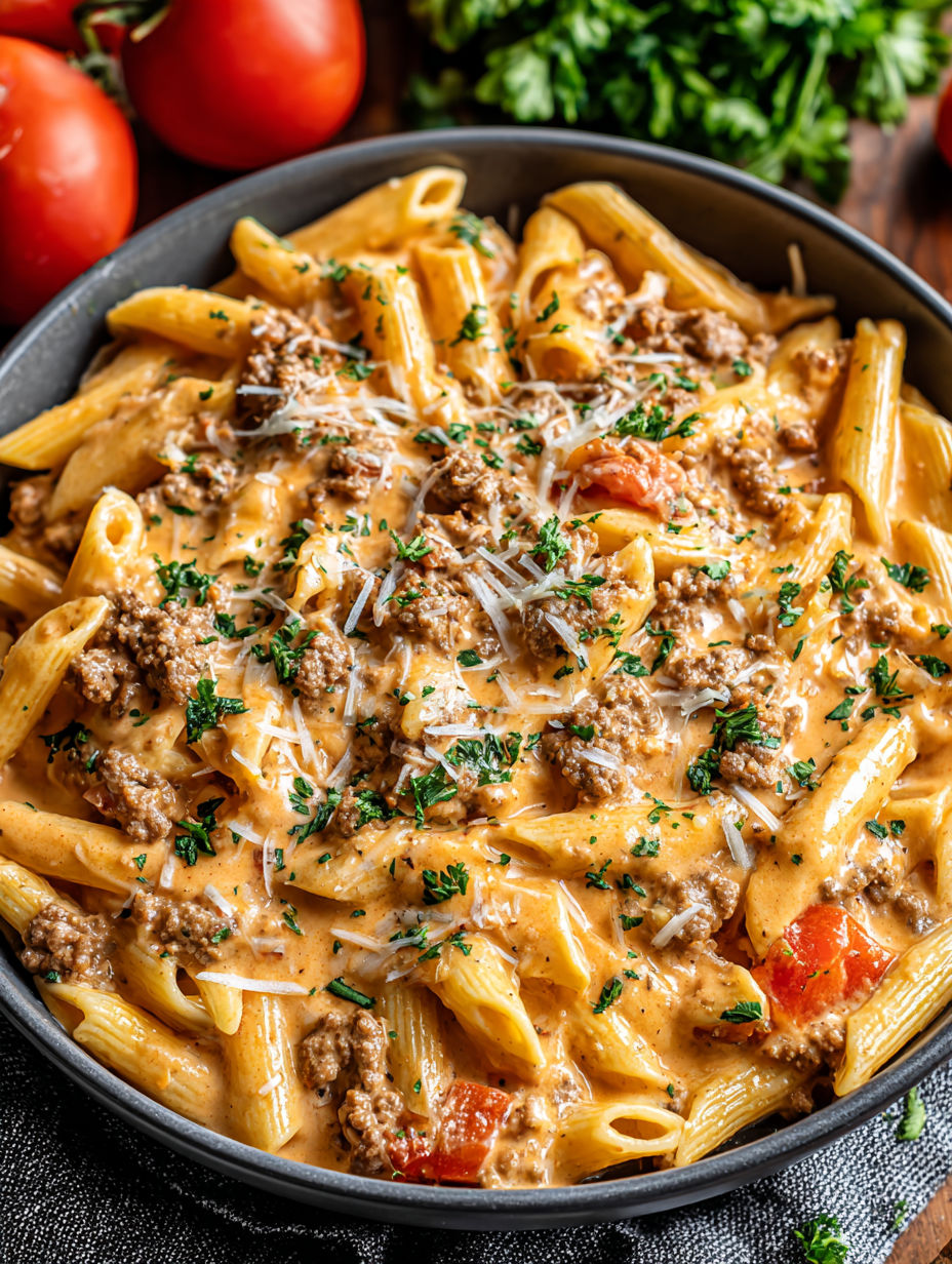 A bowl of pasta with meat and cheese.