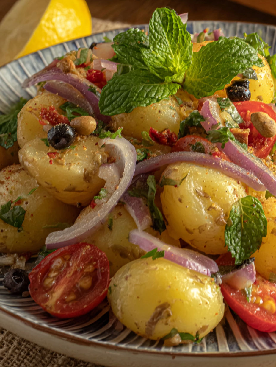 A bowl of food with potatoes, tomatoes, and mints.