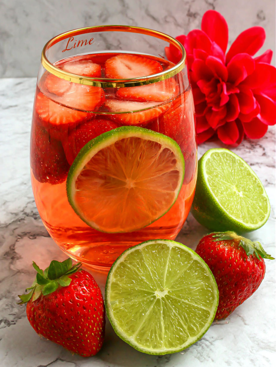 A glass of red wine with strawberries and limes.
