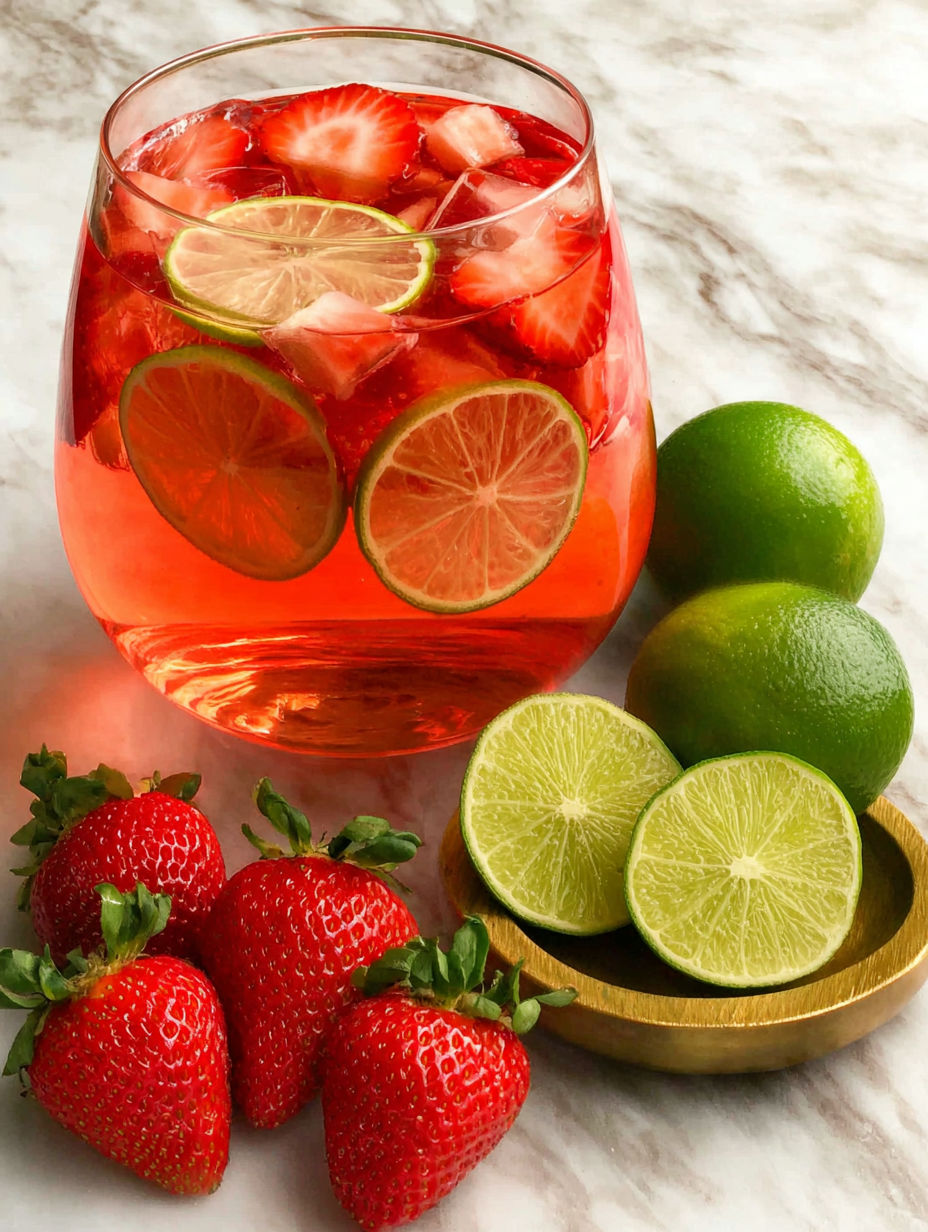 A glass of red wine with sliced limes and strawberries.