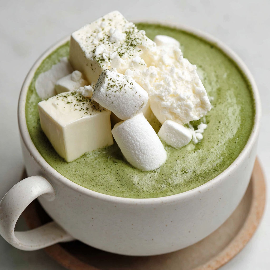 A cup of white hot chocolate with marshmallows on top.