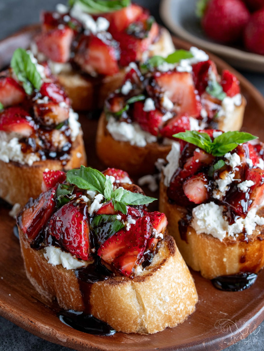 A plate of crostini with strawberries and balsamic sauce.