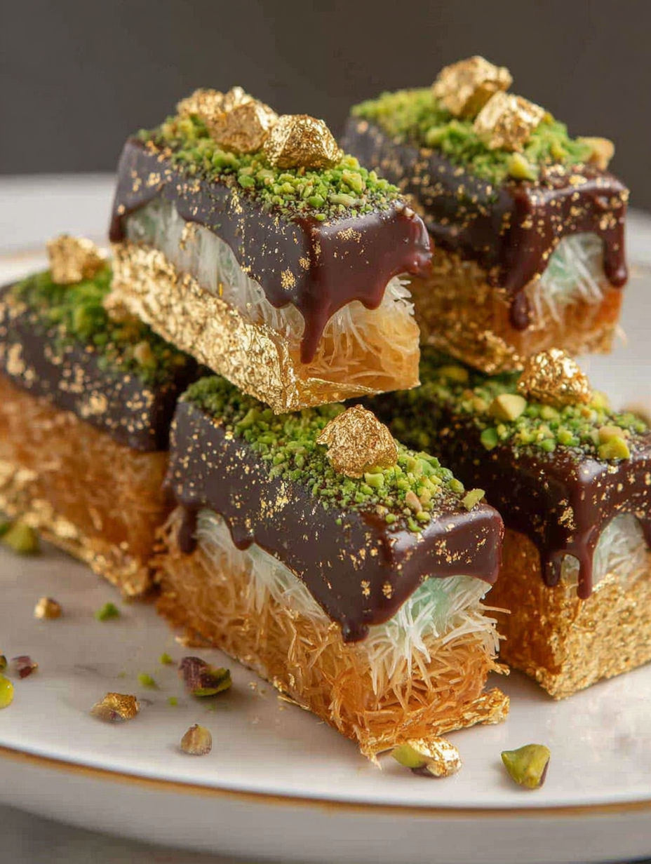 A stack of chocolate bars with gold flakes on top.