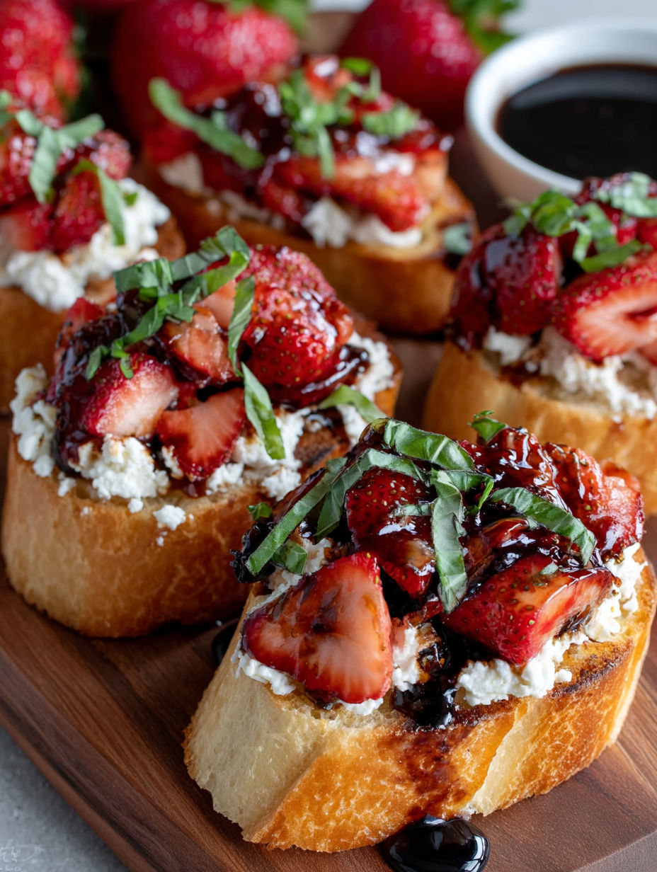 A plate of crostini with strawberries and balsamic sauce.