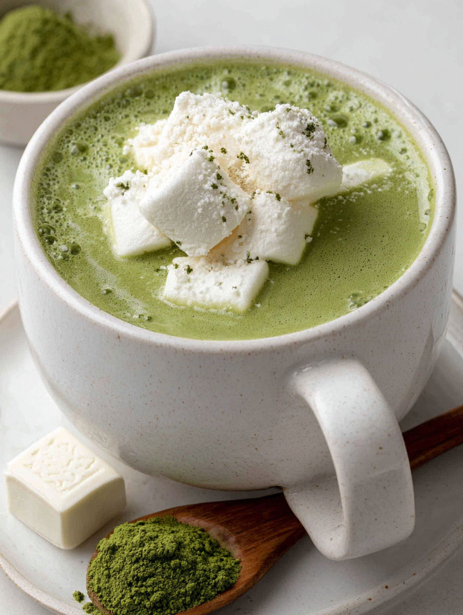 A cup of white hot chocolate with marshmallows on top.