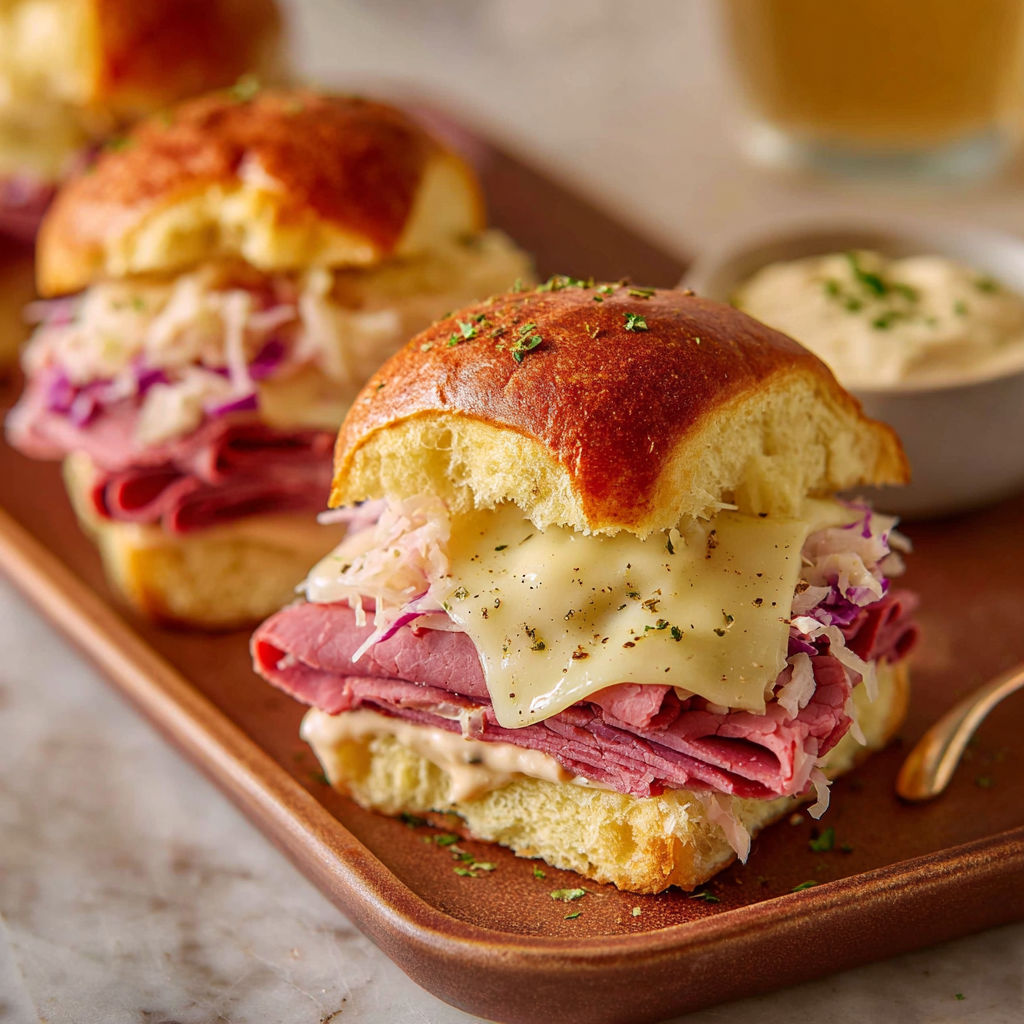 A plate of Reuben sandwiches with sauce.