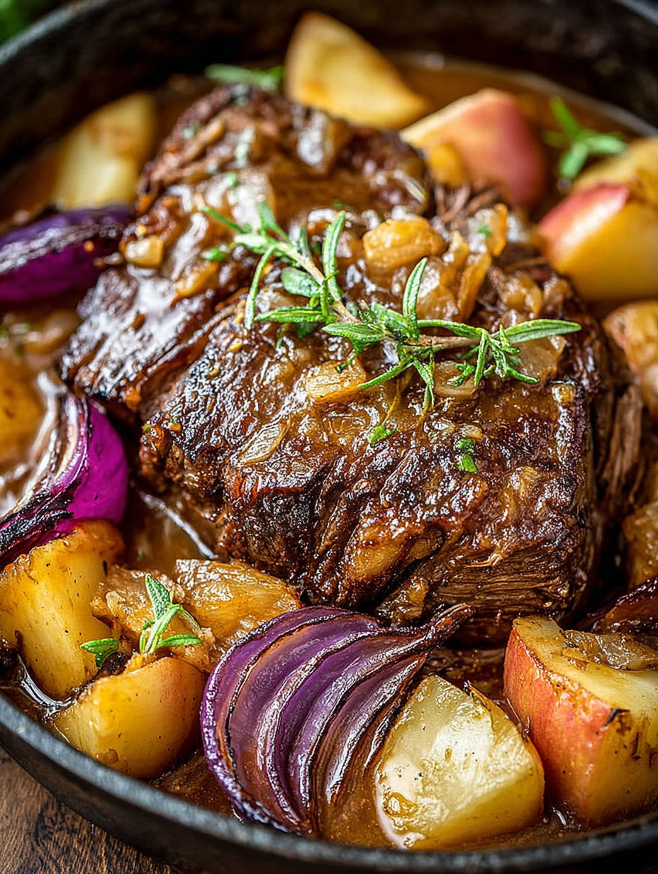 A close up of a roast beef dinner with onions and potatoes.