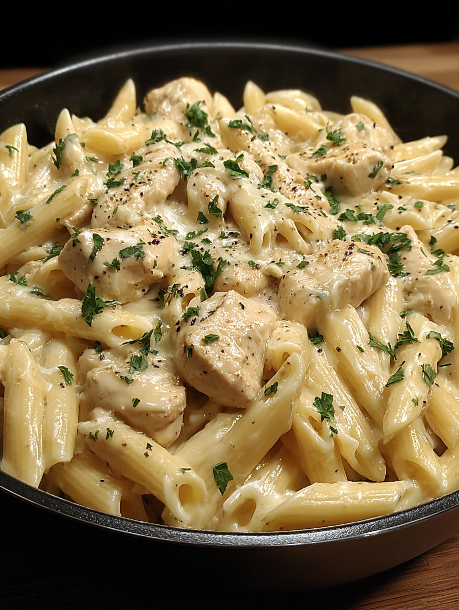A bowl of chicken and pasta with a green herb on top.