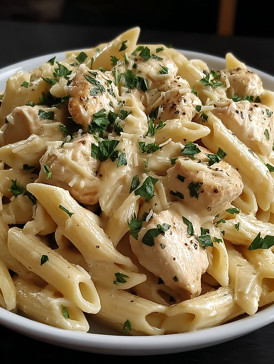 A bowl of pasta with chicken and herbs.