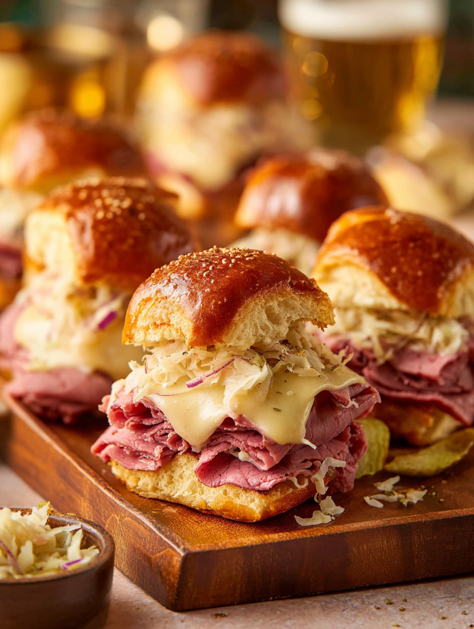 A plate of sandwiches with meat and cheese.