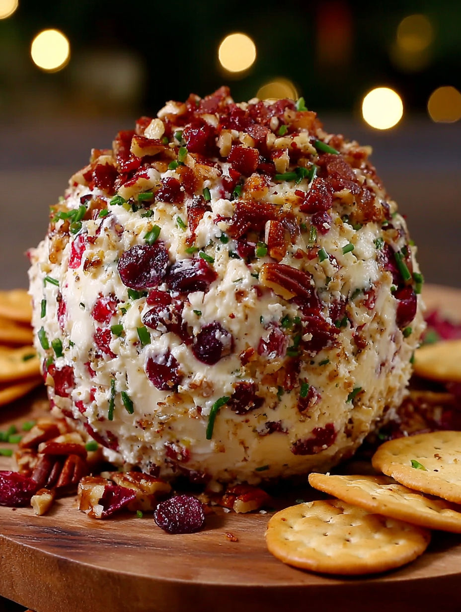 A cheese ball with bacon and cranberries.