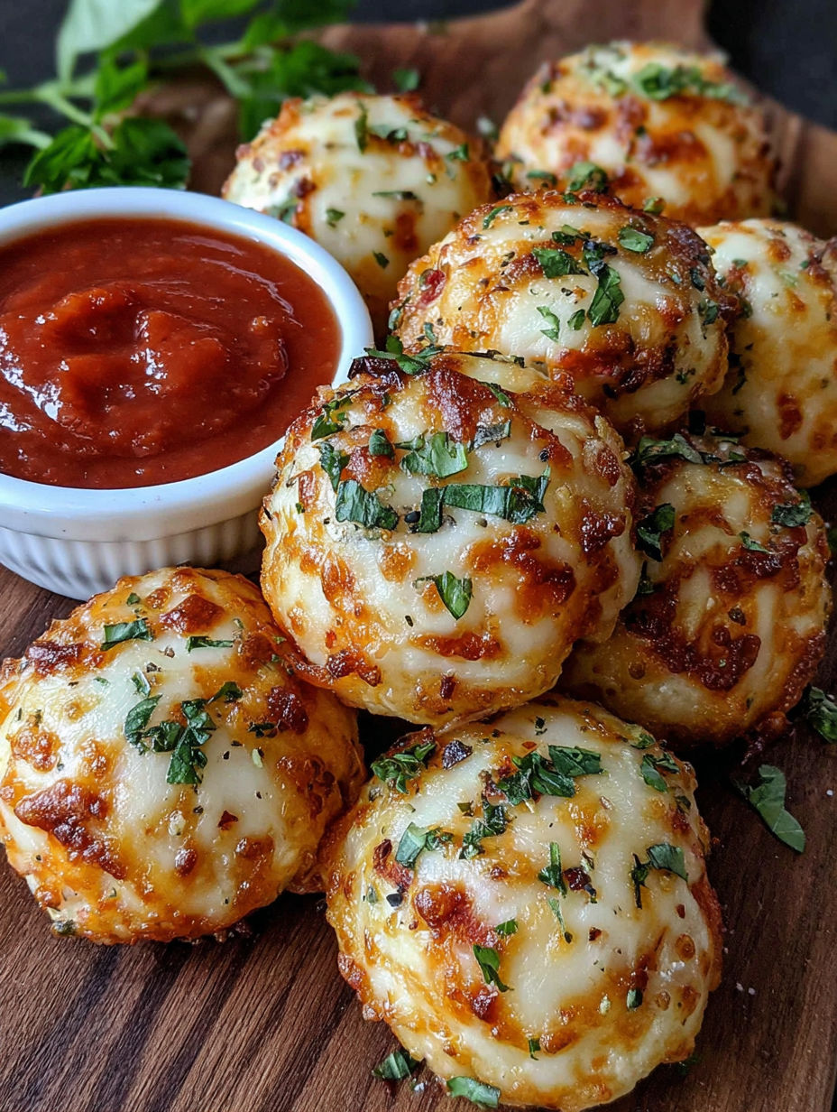 A bowl of cheese balls with a dipping sauce.