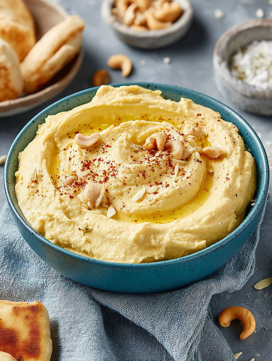 A bowl of hummus with nuts and spices.