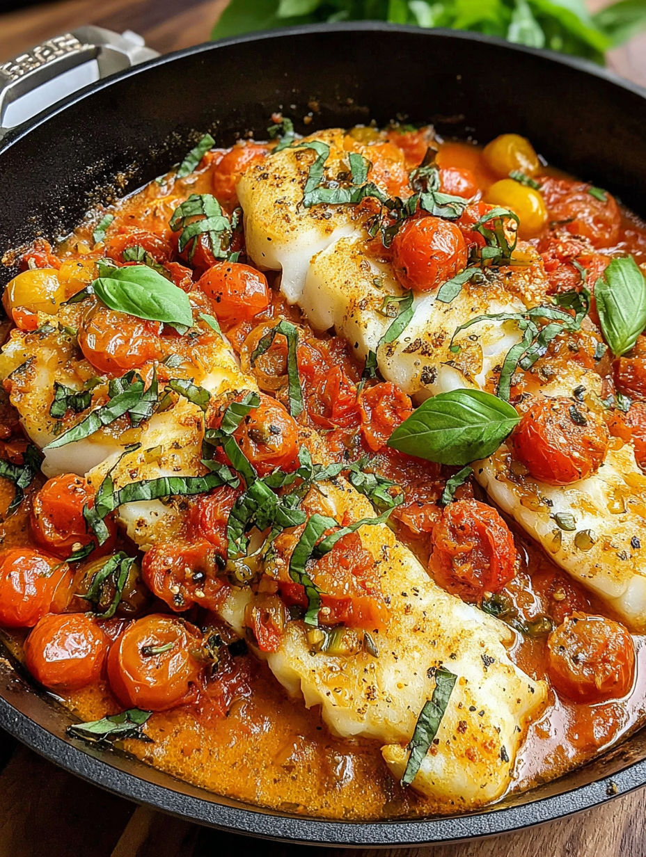 A pan of food with tomatoes and basil.
