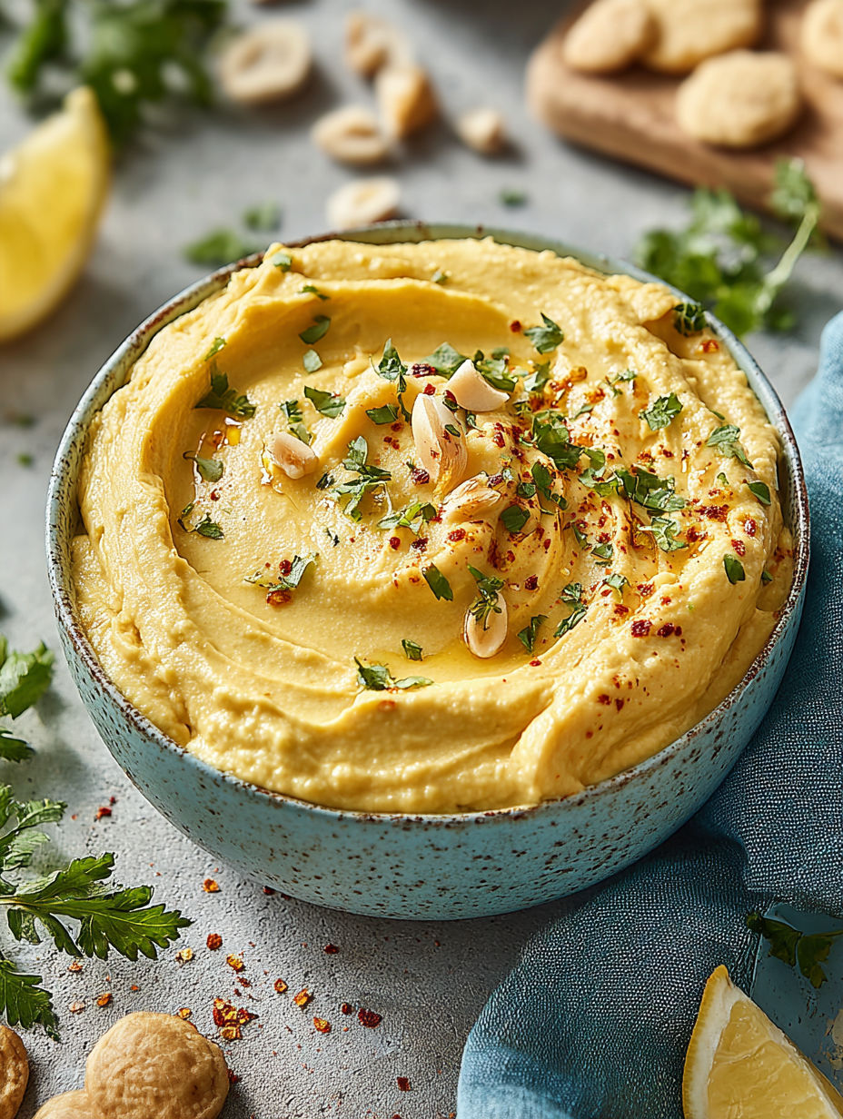 A bowl of hummus with a sprinkle of nuts.
