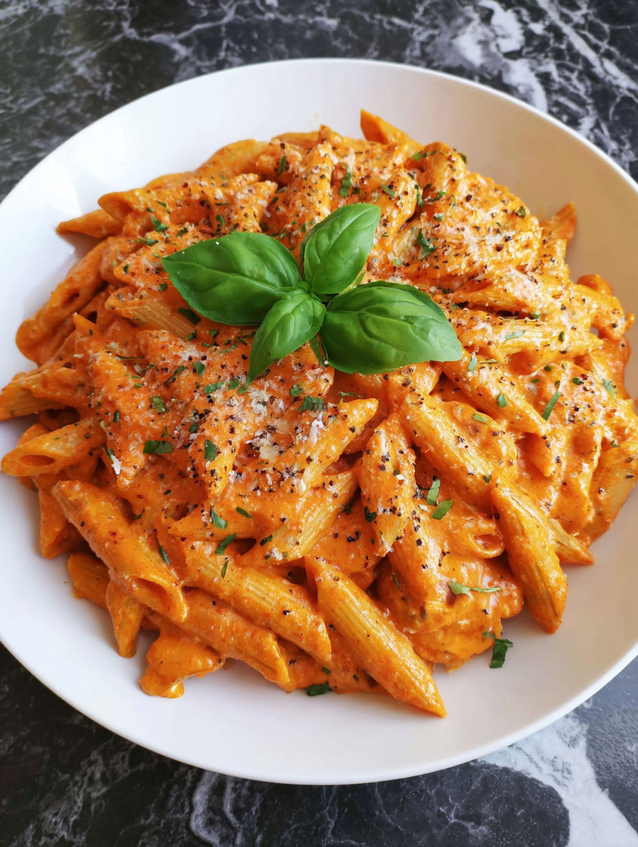A plate of pasta with a green leaf on top.