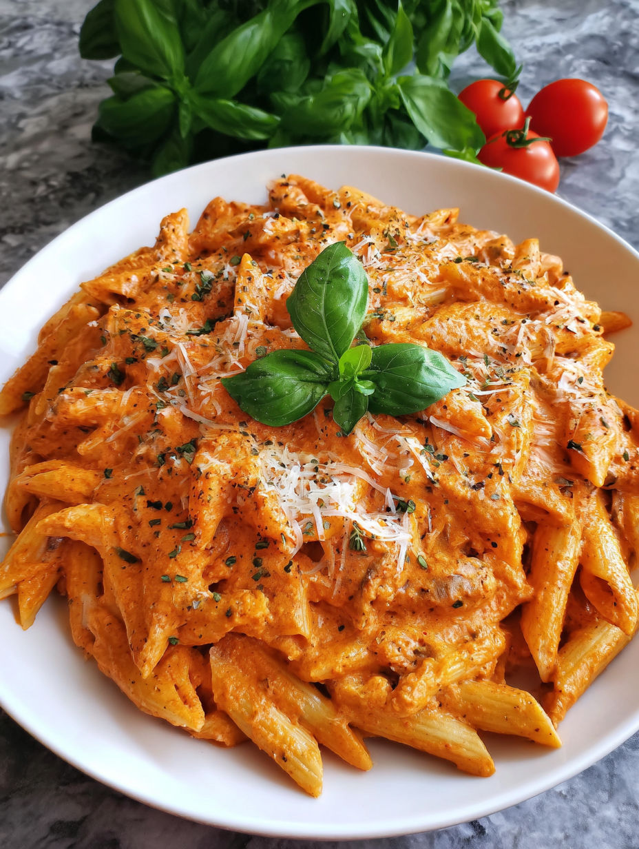 A white plate with a bowl of pasta and a green leaf on top.