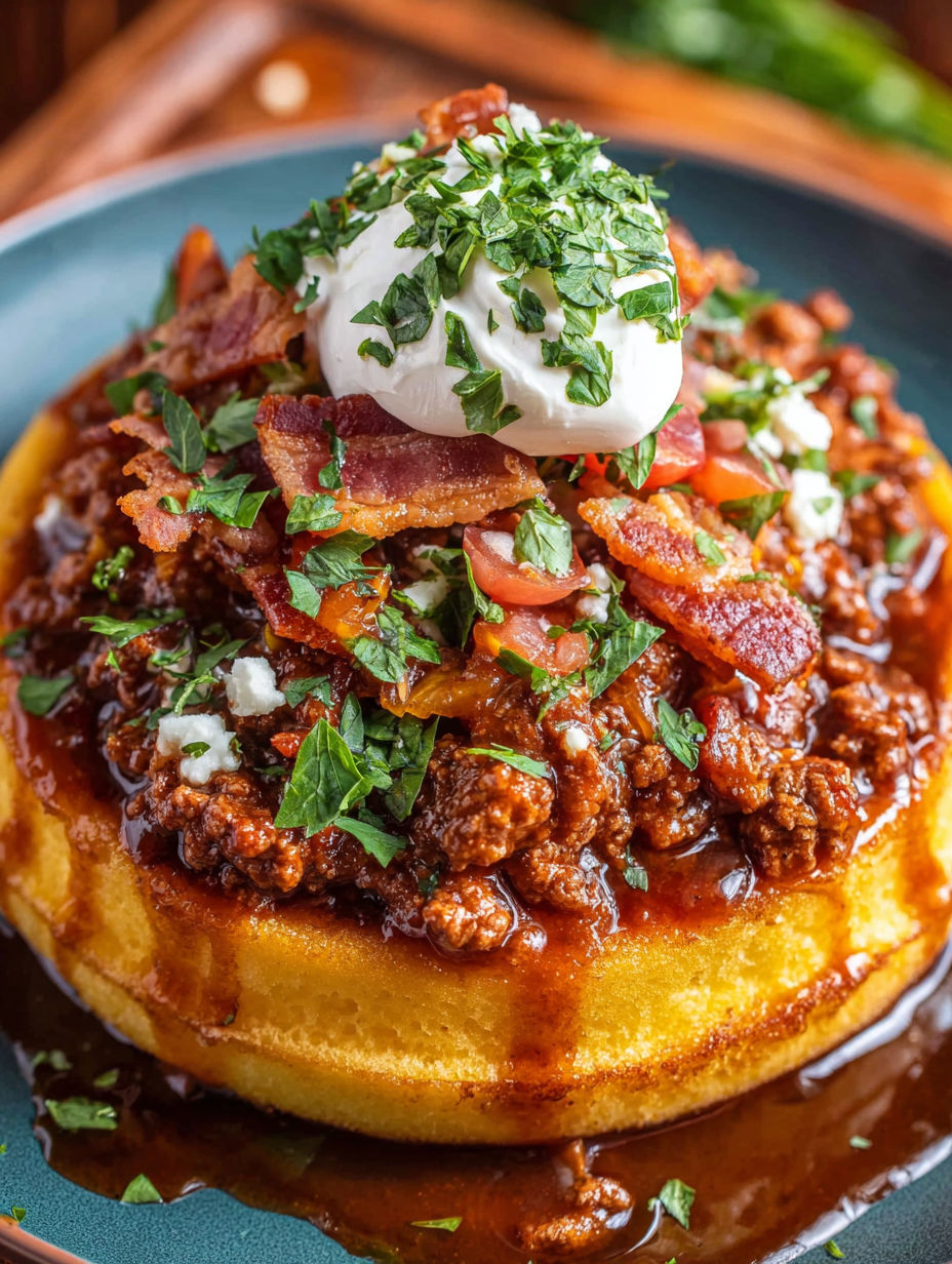 A plate of food with bacon and cheese on top.