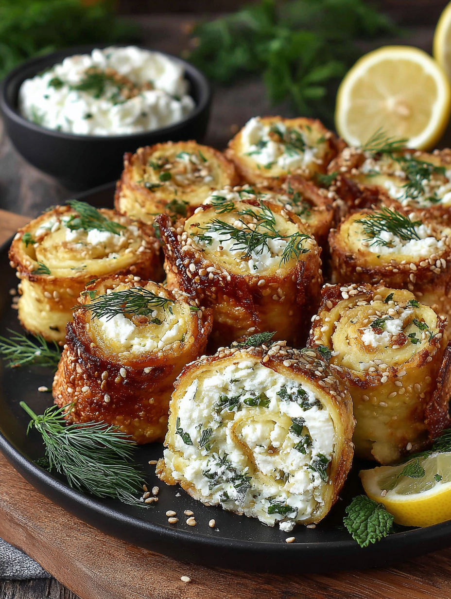 A plate of feta rolls with lemon wedges.