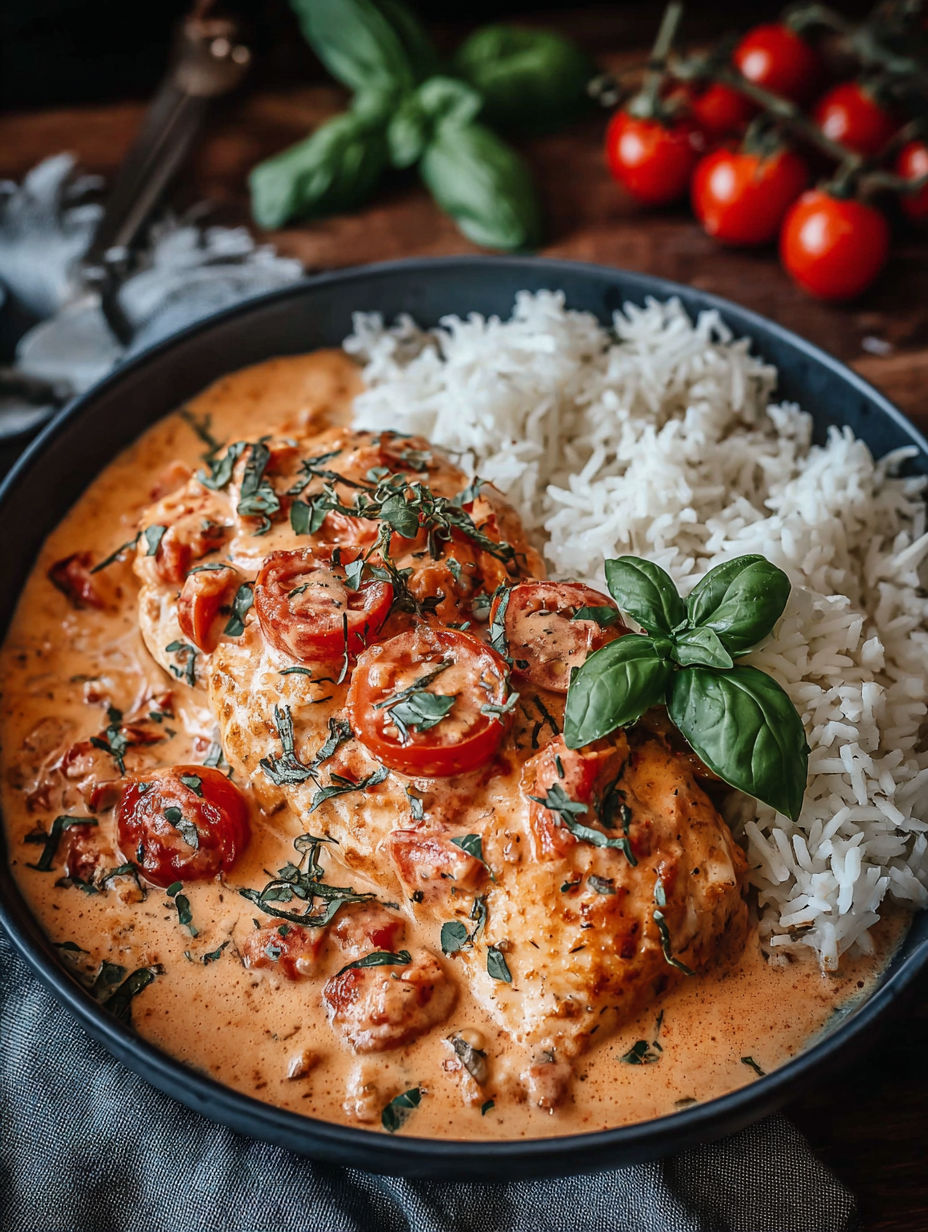 A bowl of food with rice and tomatoes.