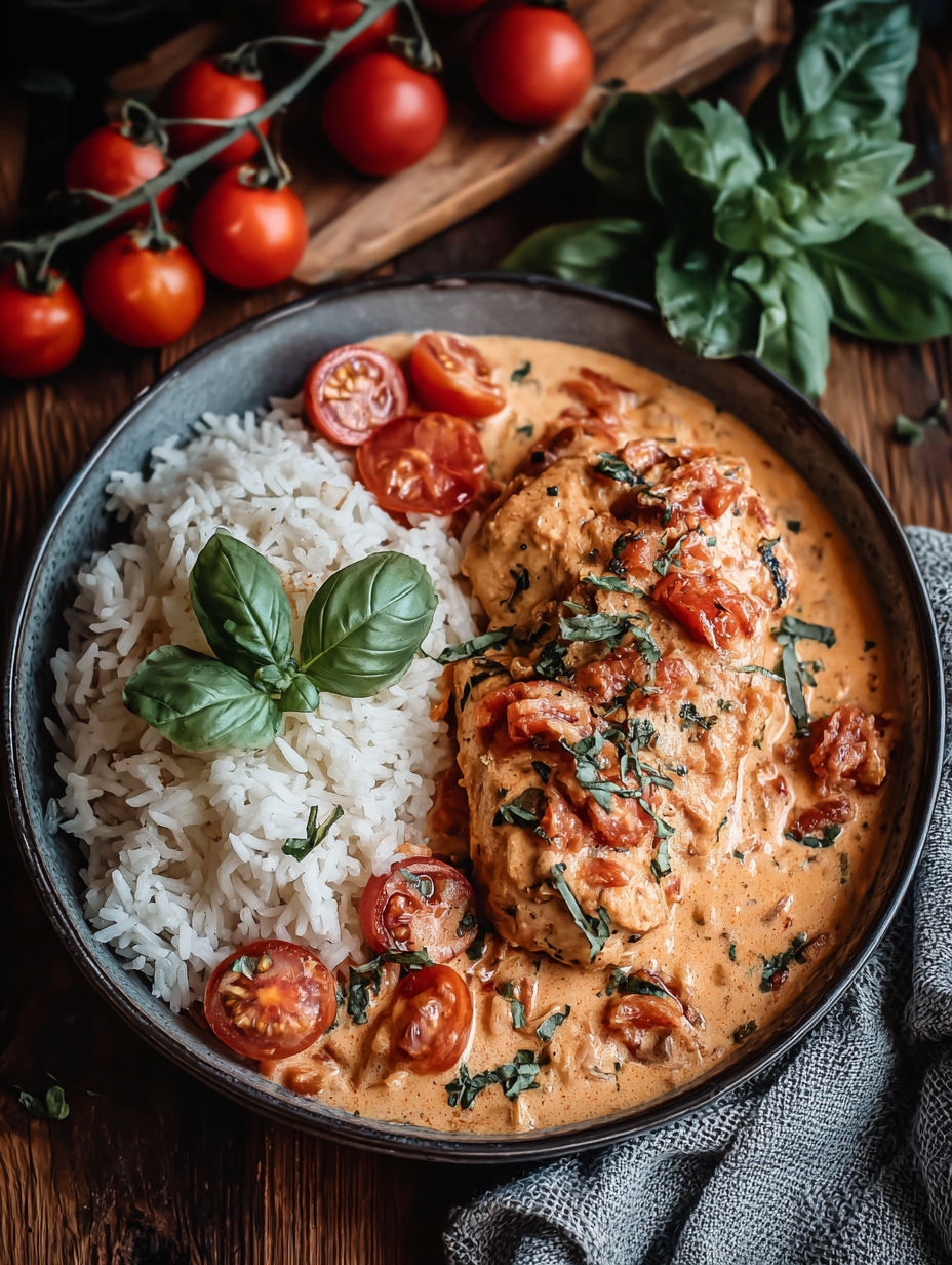 A plate of food with rice, tomatoes, and chicken.