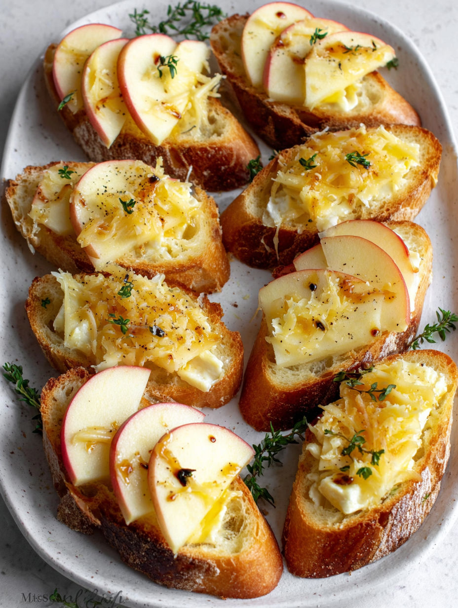 A plate of bread with apples on top.