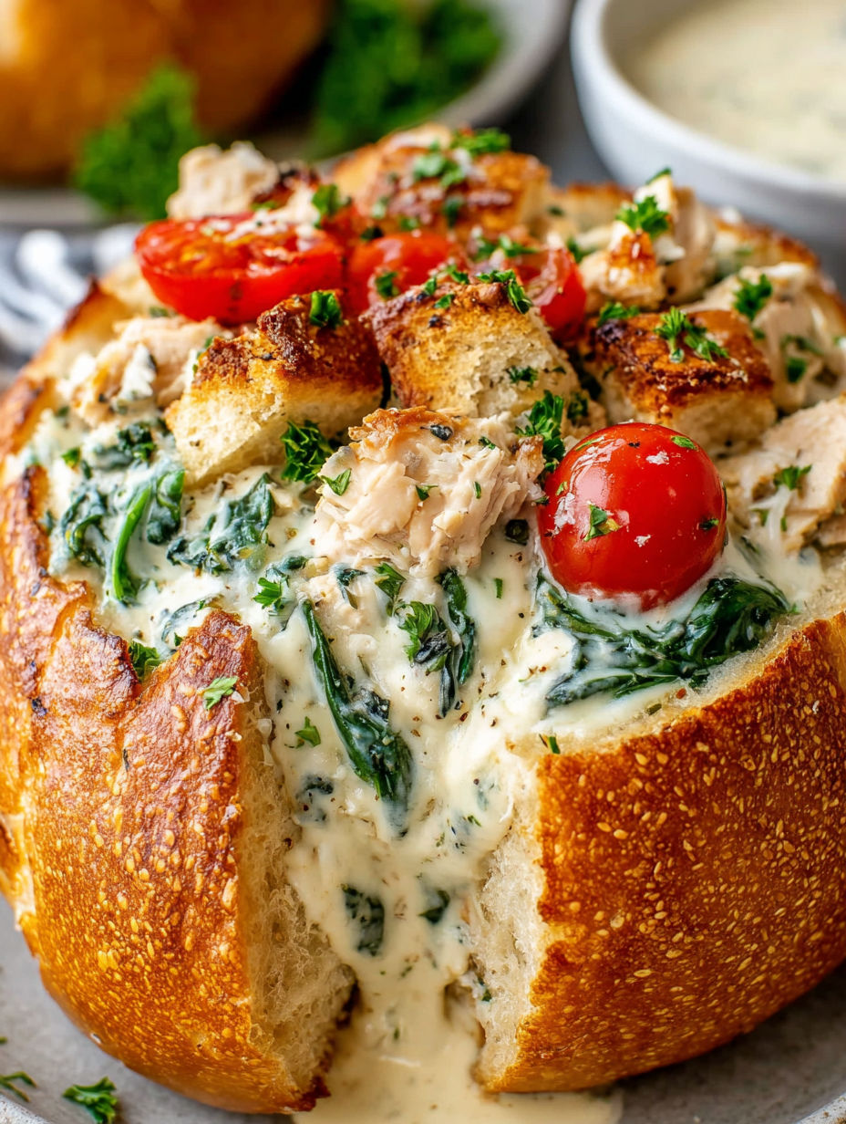 A baked bread with tomatoes and spinach.
