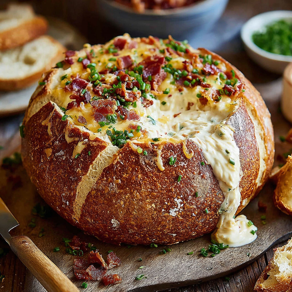 A cob dip recipe is displayed on a table.