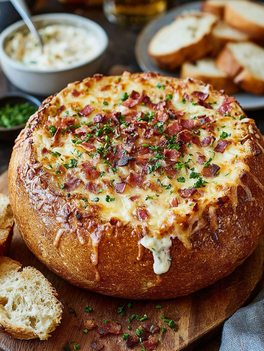 A cob dip recipe with bacon and cheese.