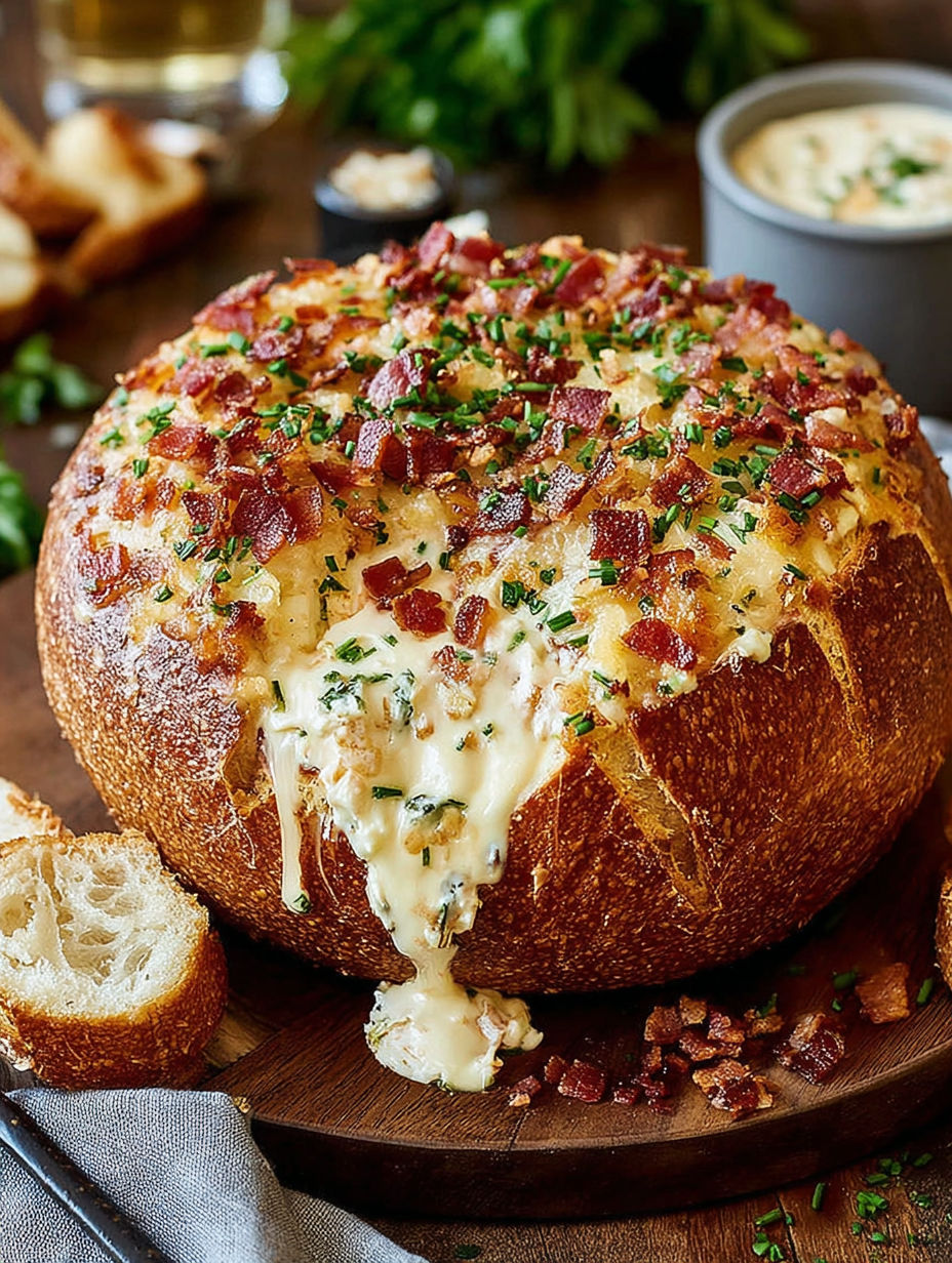 A close up of a cob dip with cheese and bacon.