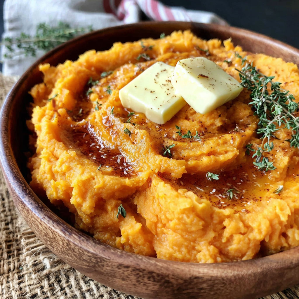 A bowl of mashed sweet potatoes with butter on top.